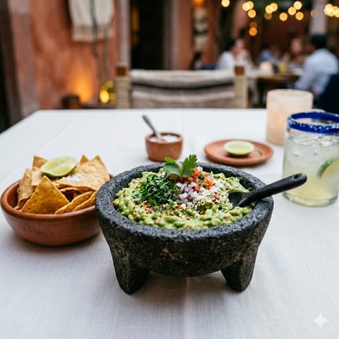 Guacamole in a stone molcajete with tortilla chips and lime on a white table at an outdoor restaurant