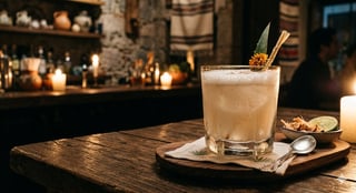 Craft cocktail with ice and rosemary garnish served on wooden bar counter with dimly lit background