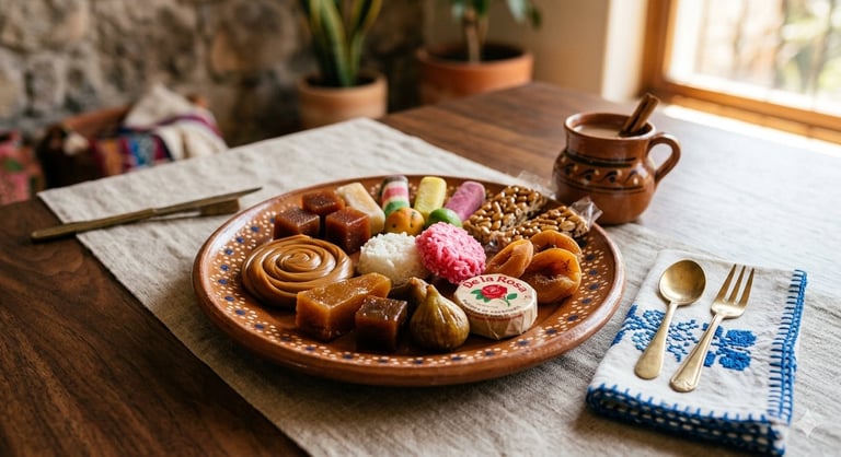 An ornate ceramic plate filled with assorted pastries, desserts, and sweets arranged on a wooden table with a coffee cup and decorative napkin