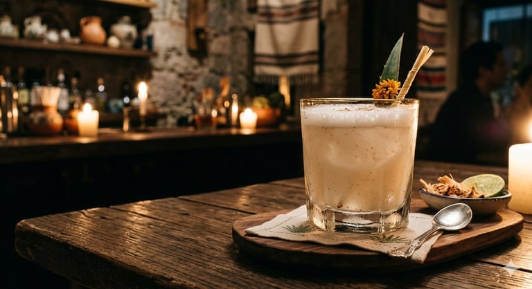 Cocktail with ice and pineapple garnish on wooden table in dimly lit bar setting