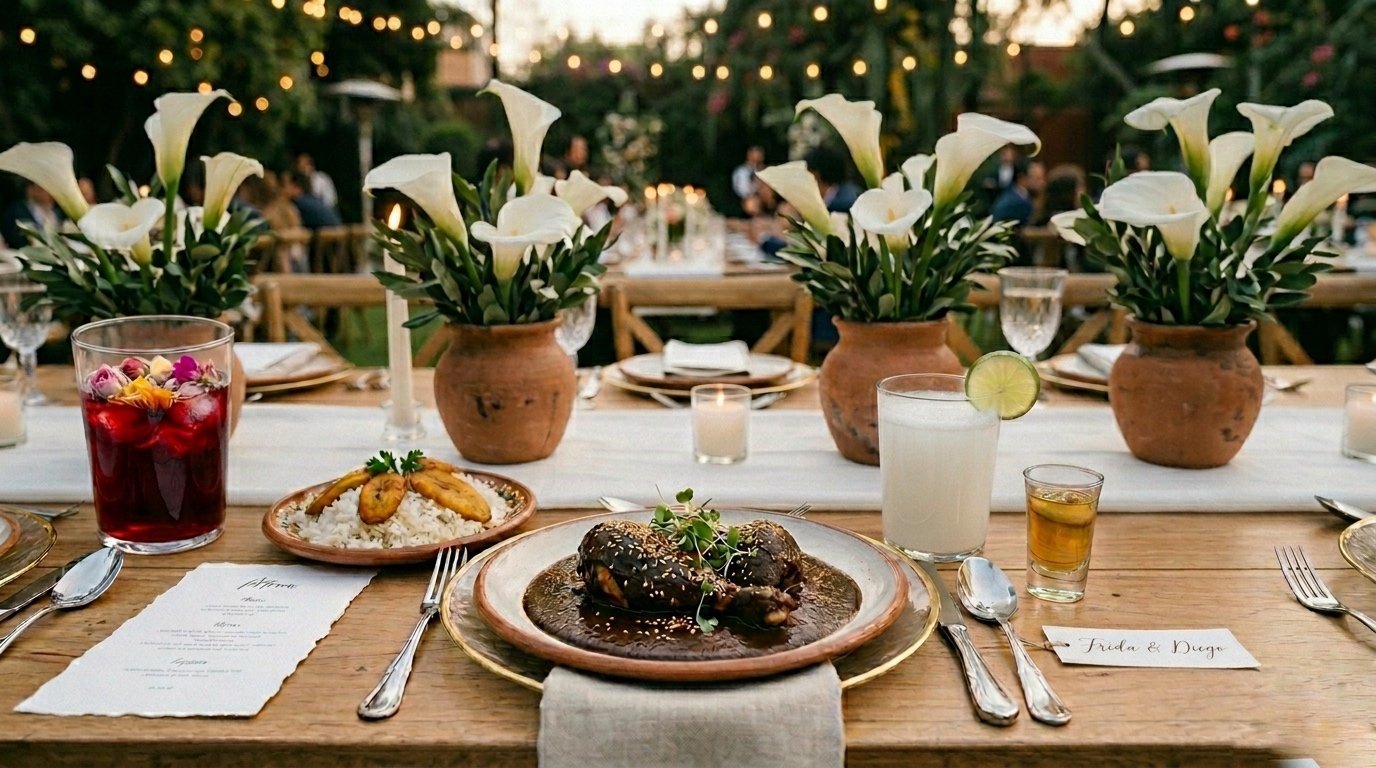 Elegant outdoor wedding reception table with white calla lily centerpieces, place settings, and potted plant favors