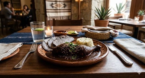 Plated steak dinner with vegetables on wooden table in upscale restaurant dining room with potted plants and ambient lighting