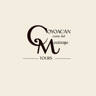 Coyoacan tour logo featuring decorative M initial and text Coyoacan cuna del mestizaje and TOURS on cream background